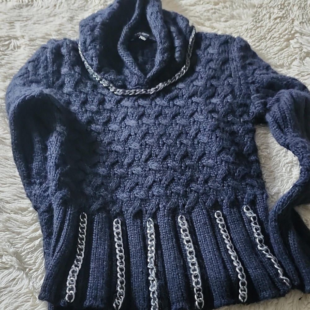 Navy Cable Knit Sweater with Chain Detail